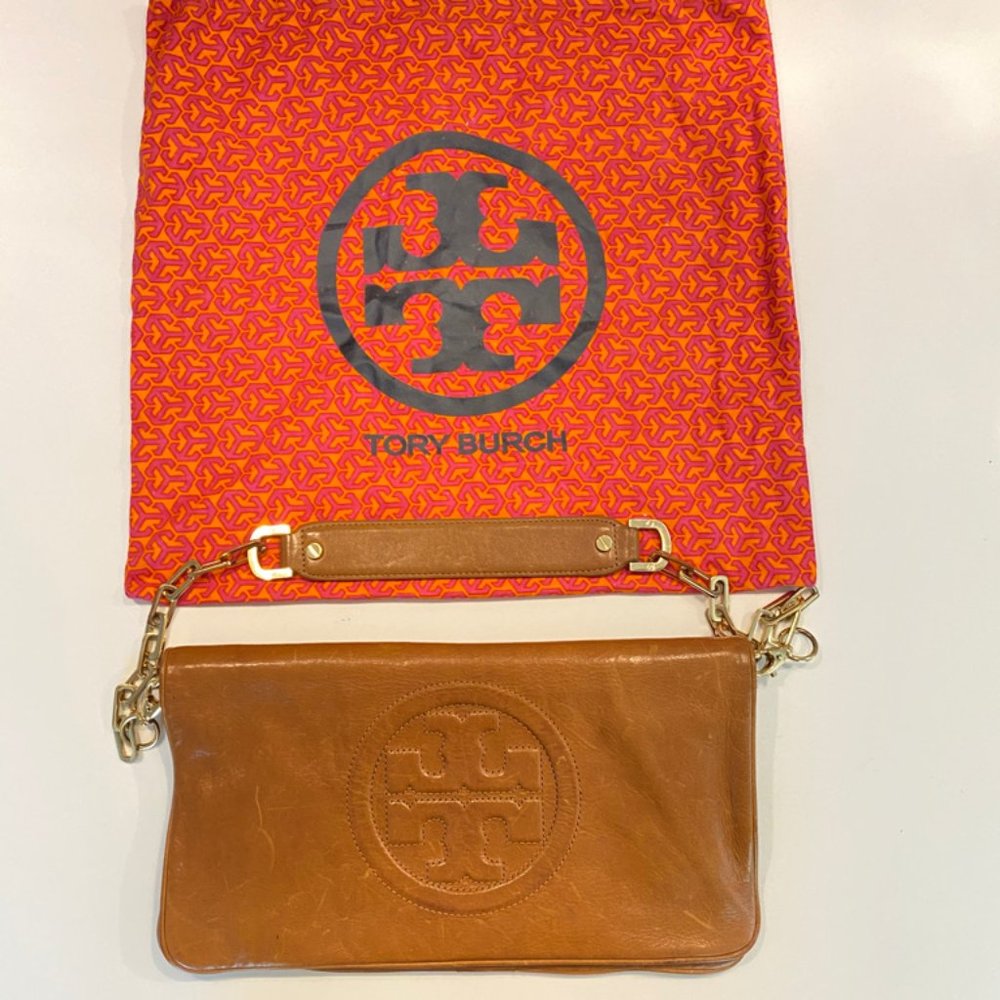 Tory Burch Camel Bombe Reva Clutch Bag